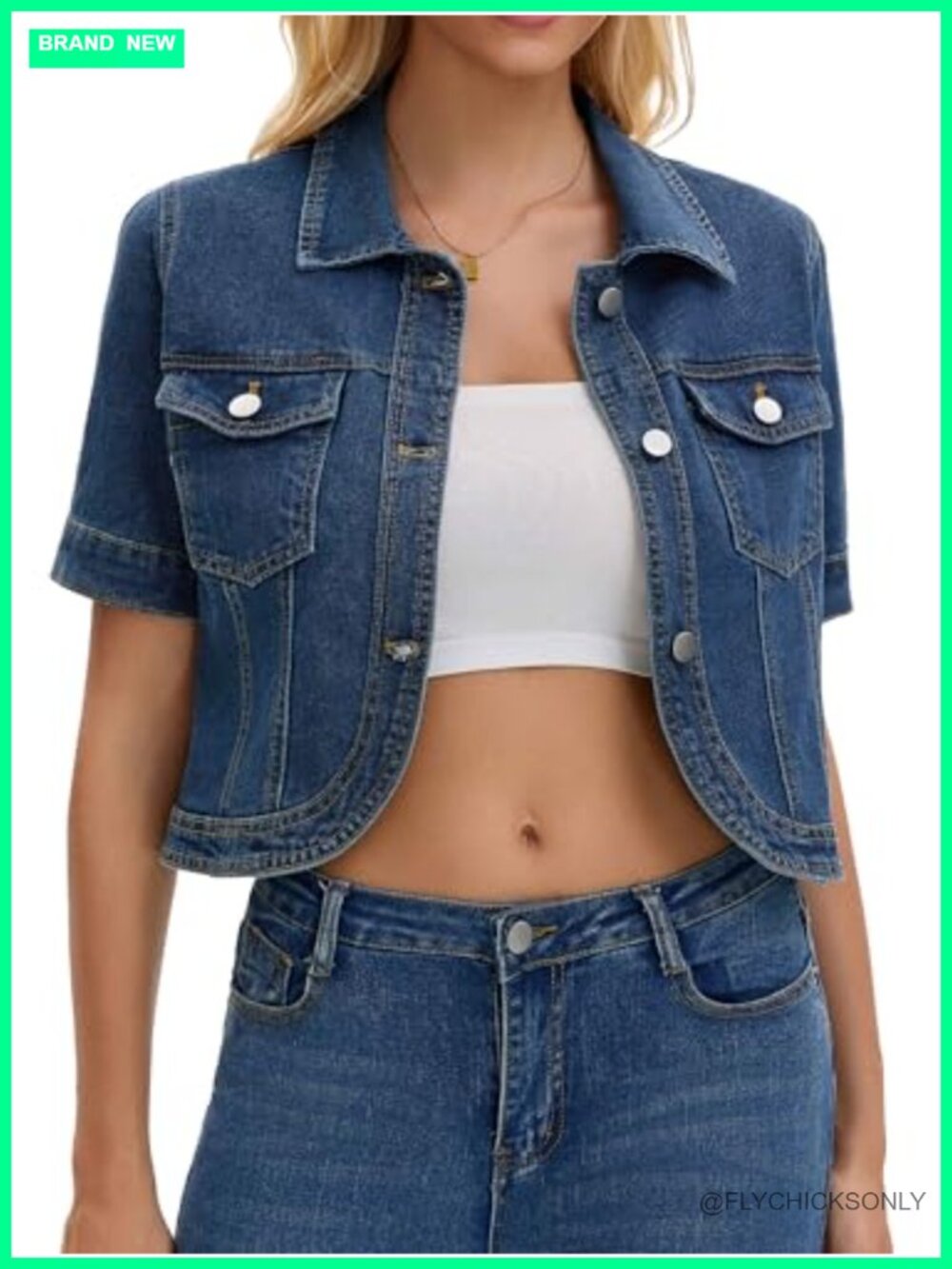 Short Sleeve Denim Jacket Crop Button Down Curve Hem Casual